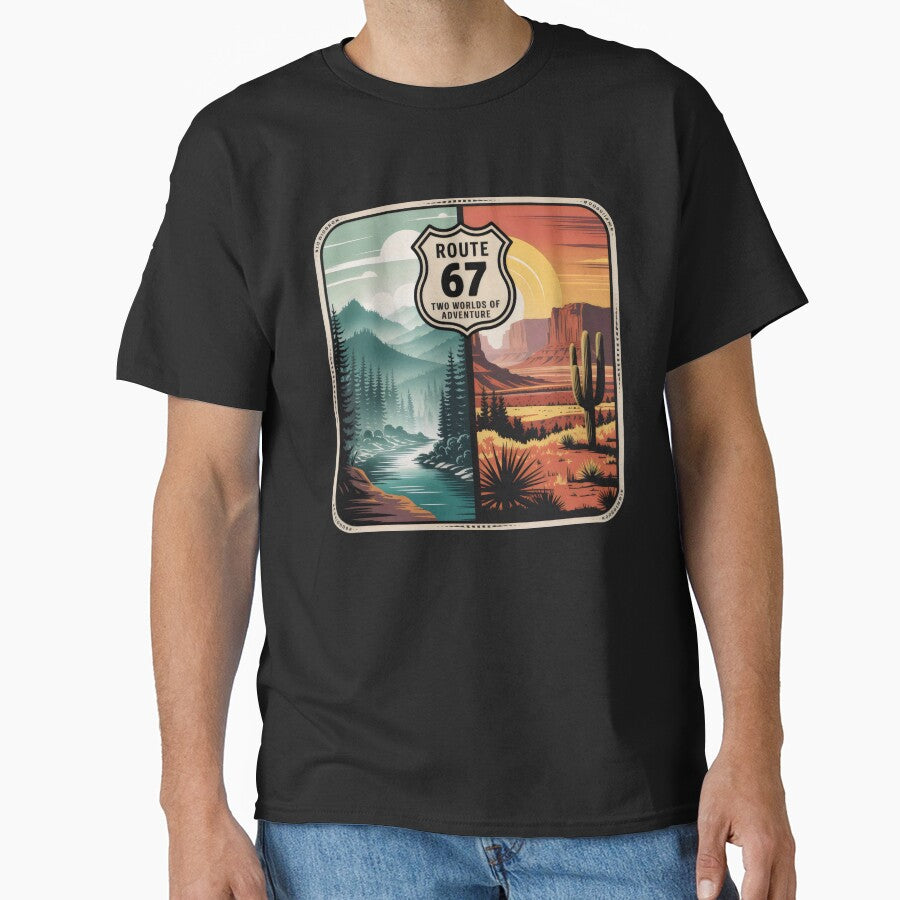 Route 67 Two Worlds of Adventure Split Landscape Badge Design by SplashTastic