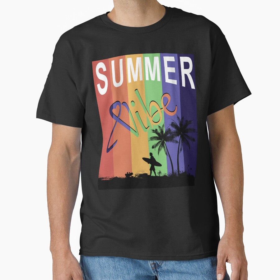 Summer Vibe Gradient Surf Tee – Rainbow Beach Palms Minimalist Graphic by MOPAROdesign