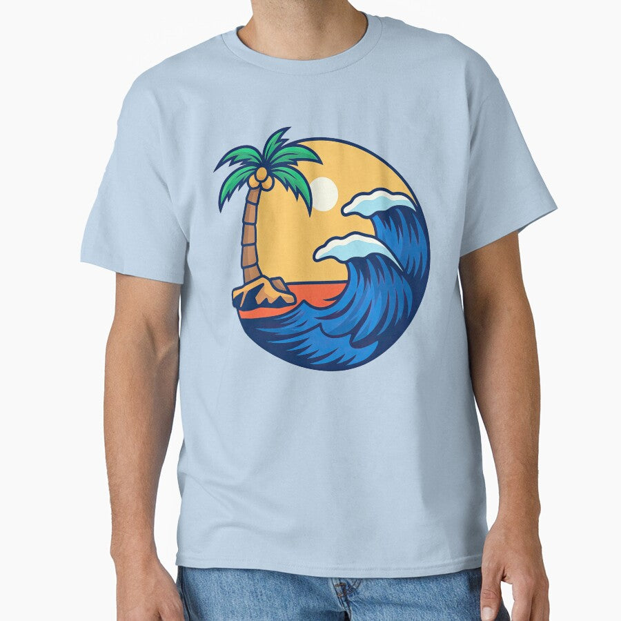 Tropical Wave and Palm Tree Sunset Design by ArtfulWeave