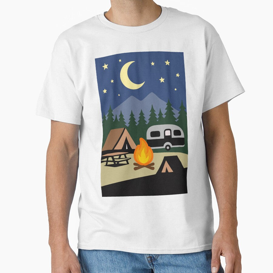 Moonlit Campfire Night – Minimalist Camping Art by donwillisjrart