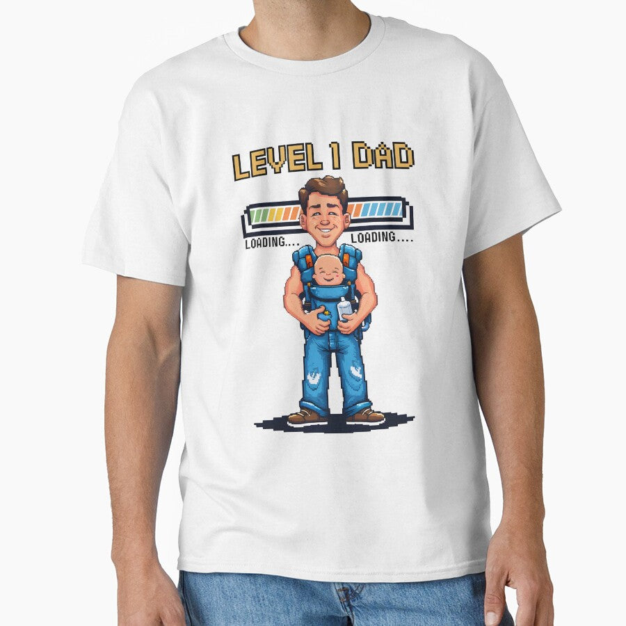 LEVEL 1 DAD Shirt Design | Retro Gaming New Dad Gift | Pixel Art Gamer Design for Father's Day | Funny Dad Design by petpuppymania