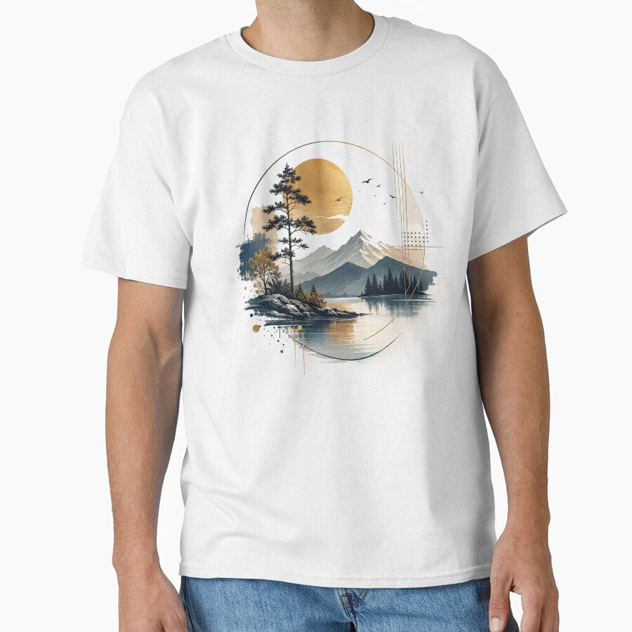 Golden Moon Mountain Lake Geometric Landscape by jcsstore