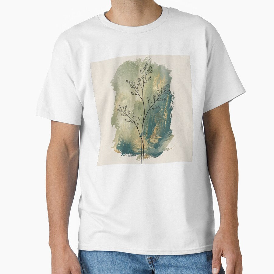 Delicate Wildflower Branch Line Art | Sage Green & Gold Abstract Wall Art | Minimalist Botanical Print by GaneshHilam