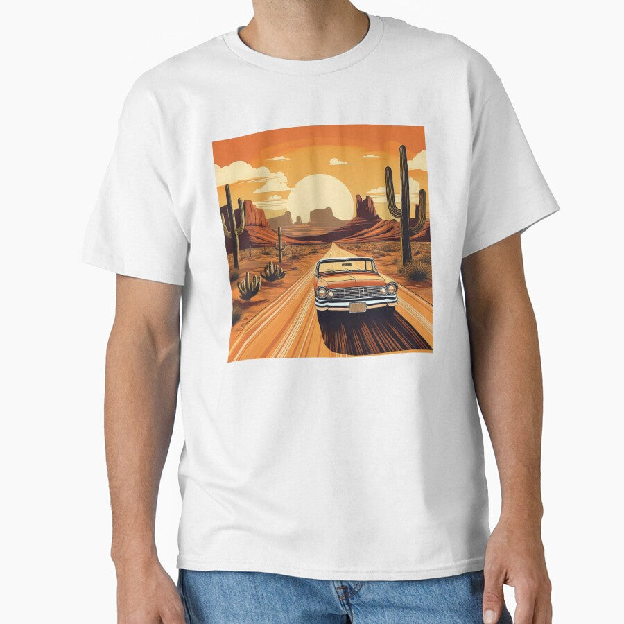 Classic Car Desert Sunset – Retro Road Trip Art by RaiyaTees