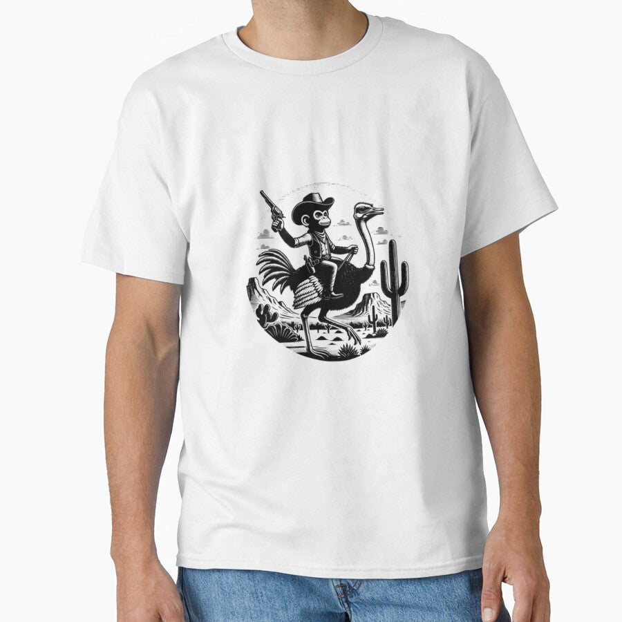 Cowboy Monkey Riding Ostrich — Vintage Western Animal Engraving by Colorful-Garden