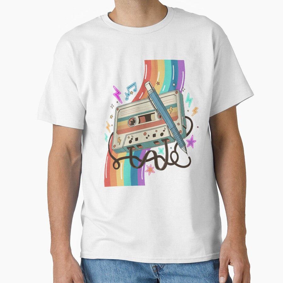 Retro Cassette Tape with Pencil 80s 90s Music Lovers Vintage Rainbow by ArtTee-Folie0