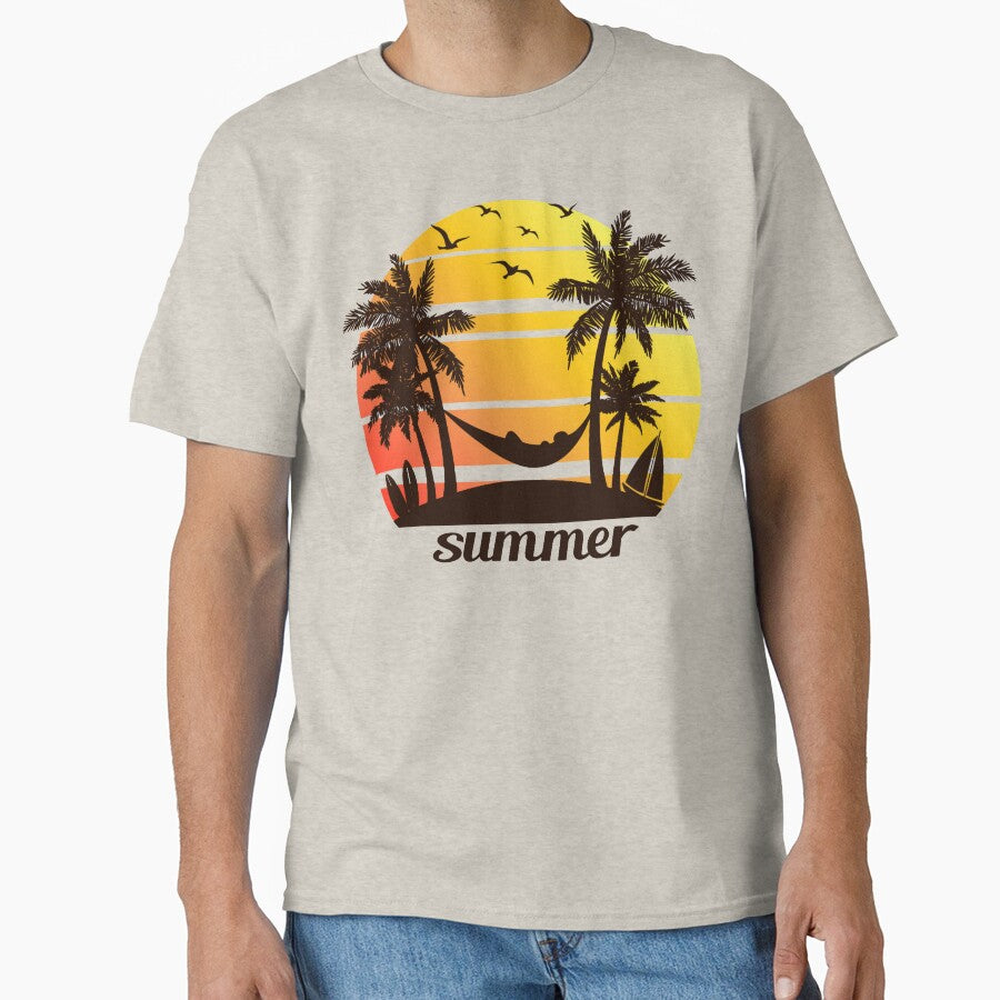Summer Vacation - Silhouette of Beach Scene with Palm Trees and Hammock Against Sunsets by WearWolfDesigns
