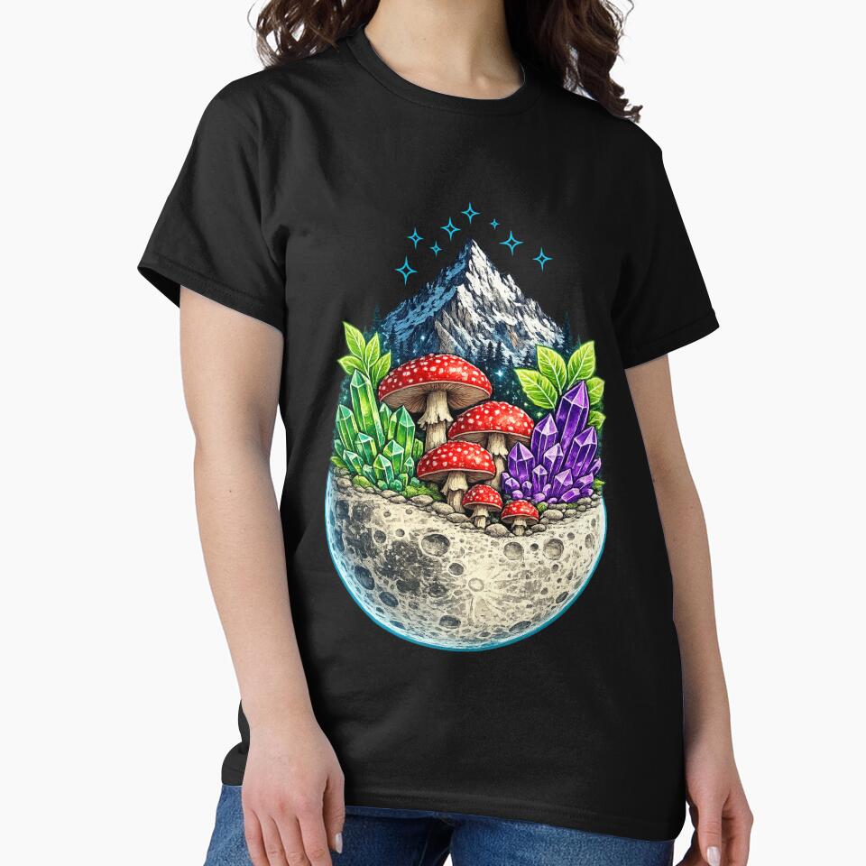 Mushroom Crystal Moon — Amanita Fantasy Crystals on Lunar Surface Mountain Night Art by ArtoryWorks