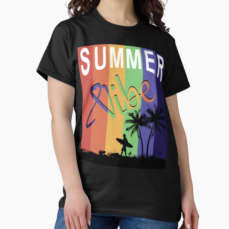 Summer Vibe Gradient Surf Tee – Rainbow Beach Palms Minimalist Graphic by MOPAROdesign