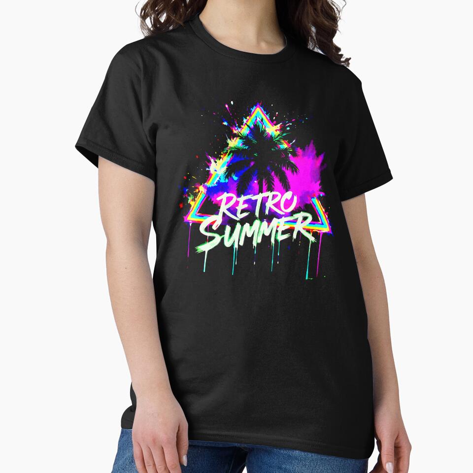 Retro Summer Sunset Shirt – Vintage Neon Palm Trees Beach Graphic Tee by VikArtStudio