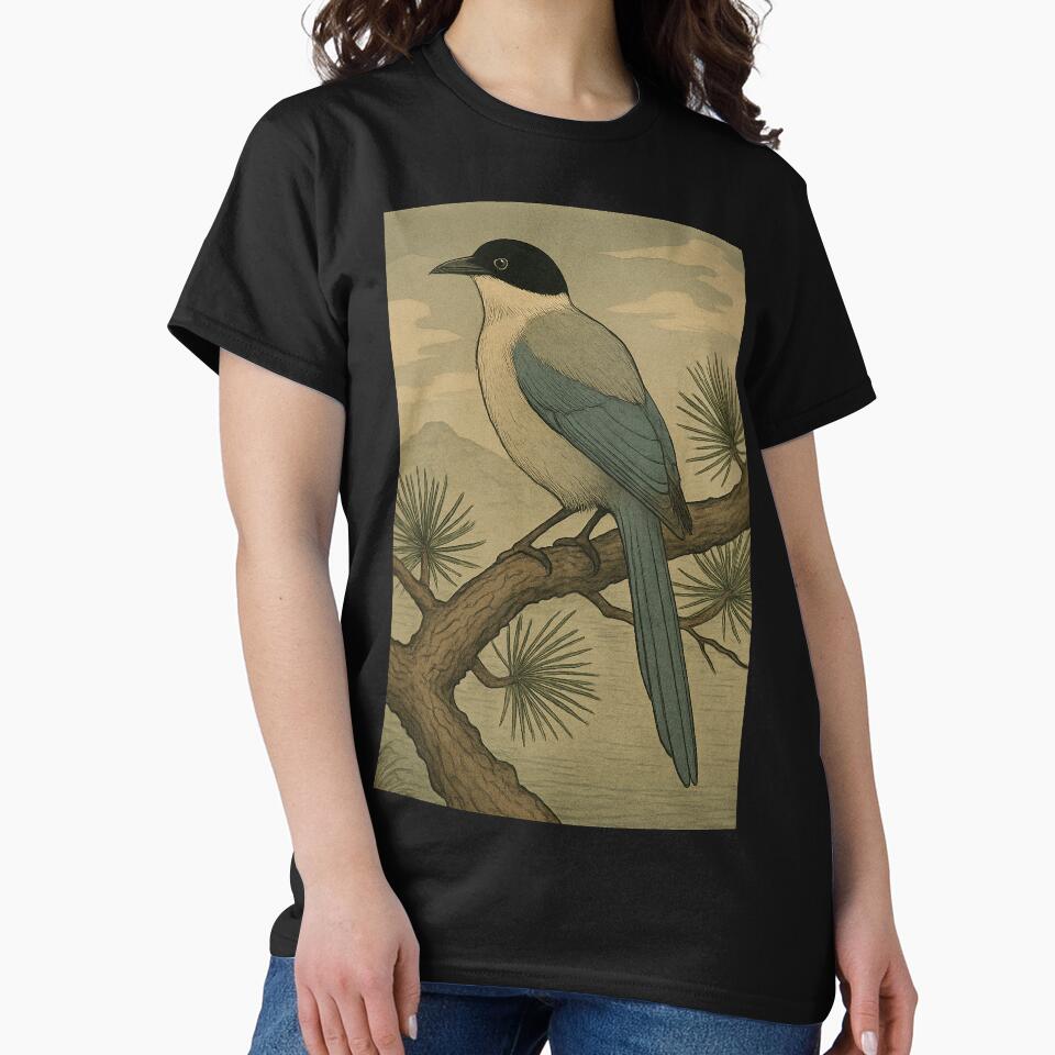 Azure-Winged Magpie on Pine Branch – Japanese Woodblock Style by TidalEchoes