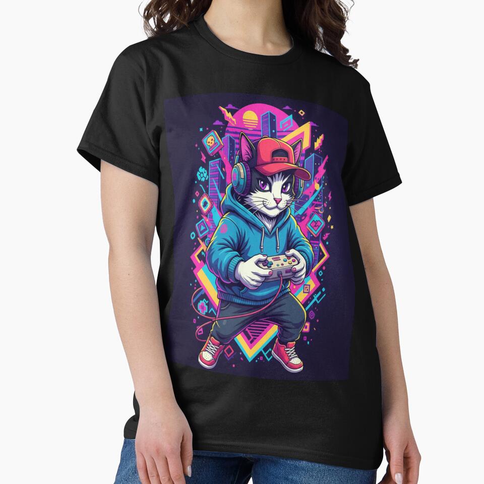 Gamer Cat T-Shirt Retro Console Anime Cat Design by Neko-Doodle-co
