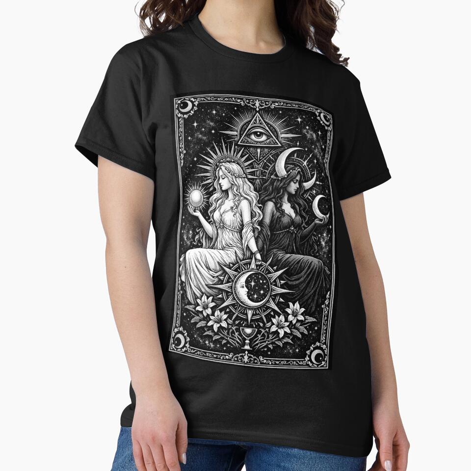 Divine Sun & Moon Twin Goddesses – Gothic Tarot Celestial Shirt by wanado