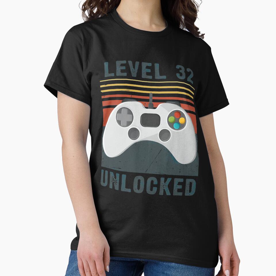 Level 32 Unlocked Retro Gamer Birthday T-Shirt by Dmo3HarkoArt