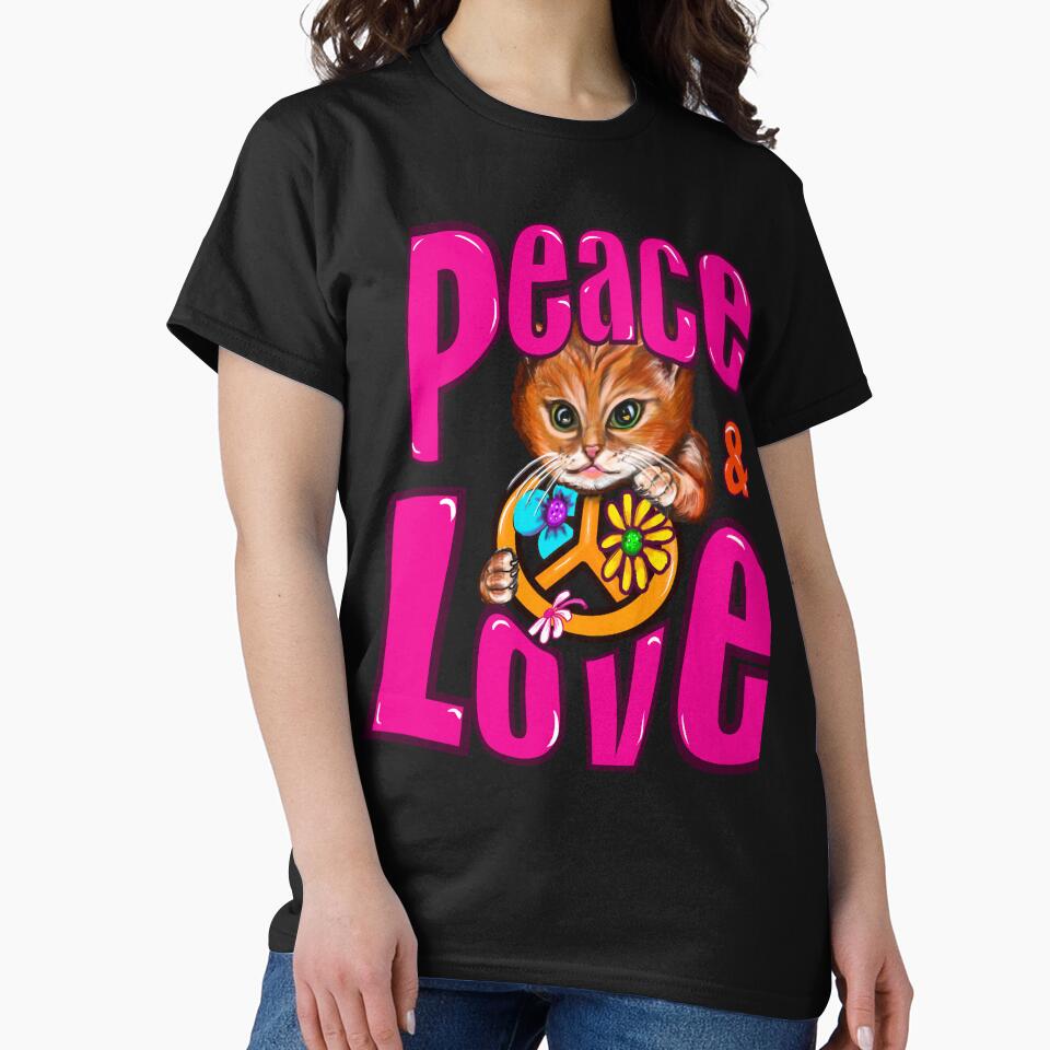 Peace & Love Cat Vintage Retro 70s Pink Floral Aesthetic with Cute Kitten by Artonmytee