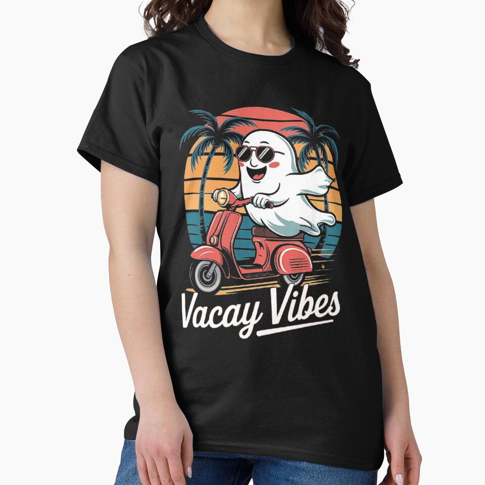Funny Retro Ghost on Scooter Sunset Palm Beach Art – Vacay Vibes Summer Aesthetic by love3617