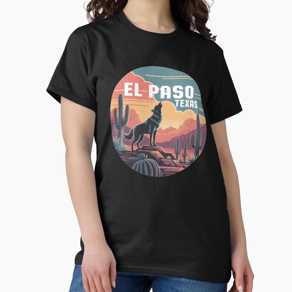 El Paso Texas Pixel Art – Howling Wolf on Desert Mountain, Retro Sunset Landscape Design by CircinusStore
