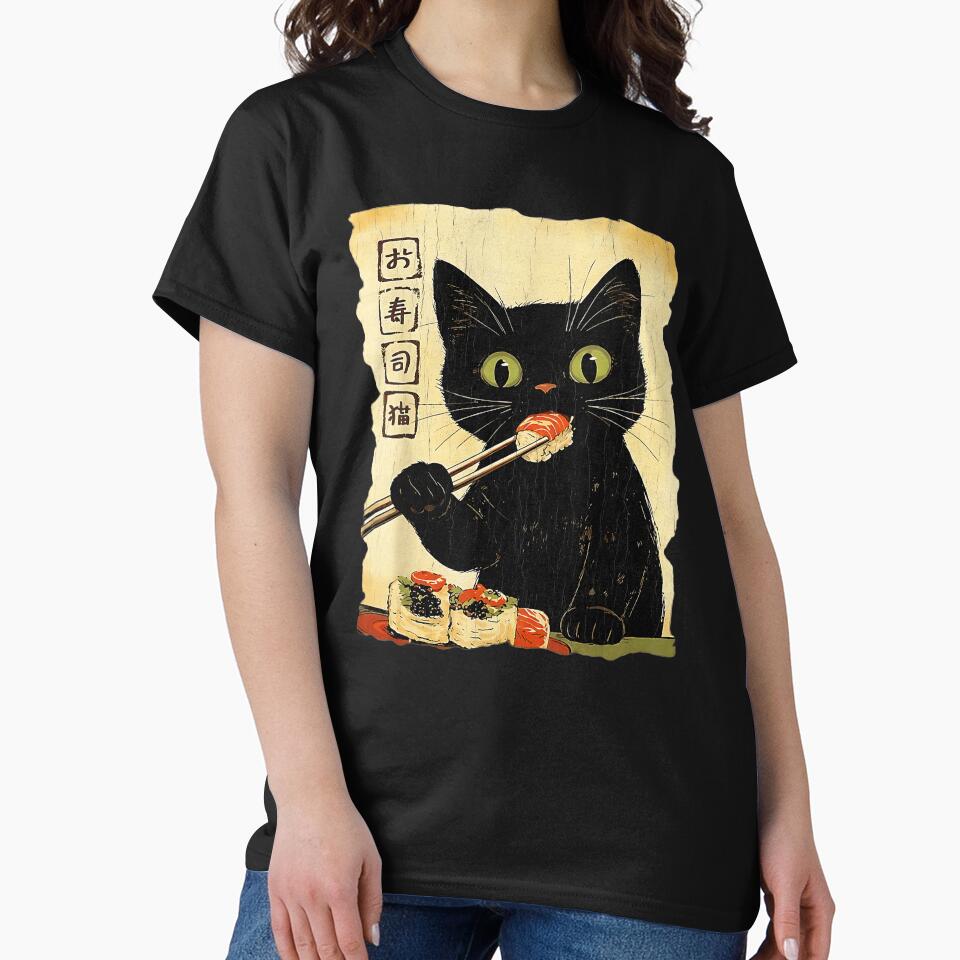 Vintage Black Cat Eating Sushi Japanese Retro Poster by titanlevi