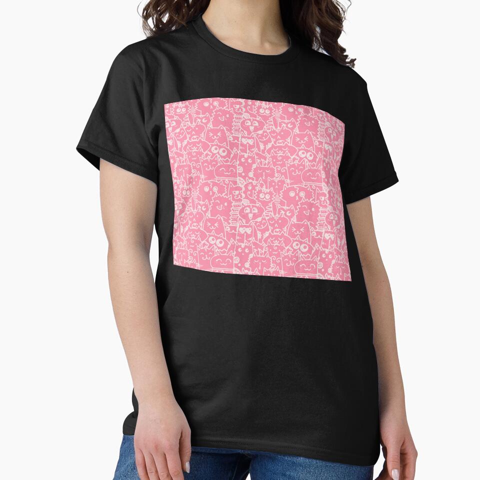 Kittie kawaii doodle pattern - White lines against pink background by ZenReiArt