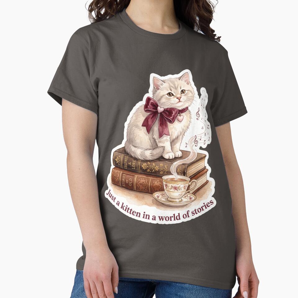 Vintage Kitten wearing bows In A World Of Stories Literary Cat by Rahaf-shop9