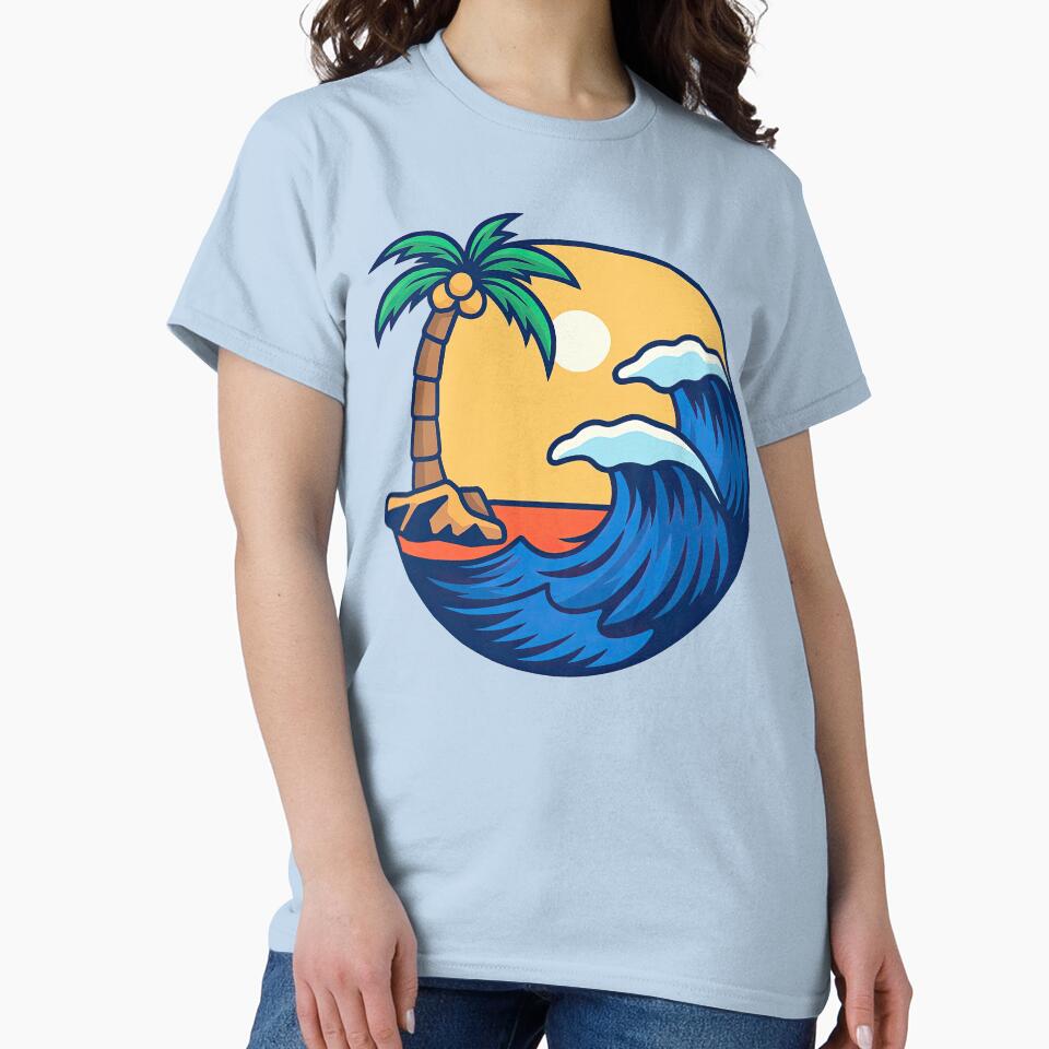 Tropical Wave and Palm Tree Sunset Design by ArtfulWeave
