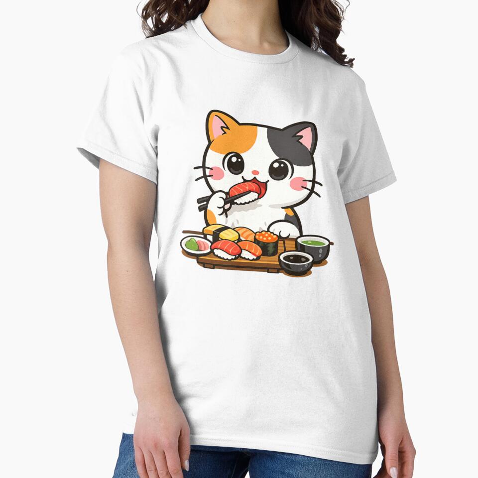 Cute Calico Cat Enjoying Delicious Sushi Feast by SakuraMarket26