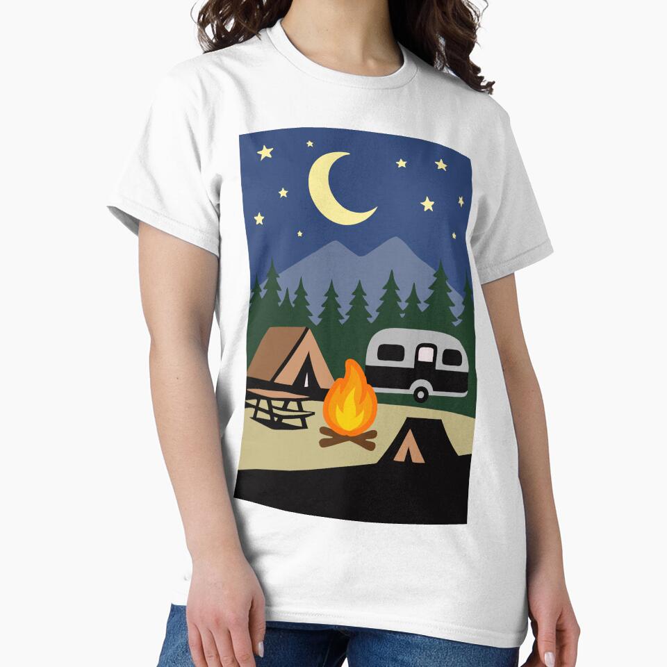 Moonlit Campfire Night – Minimalist Camping Art by donwillisjrart