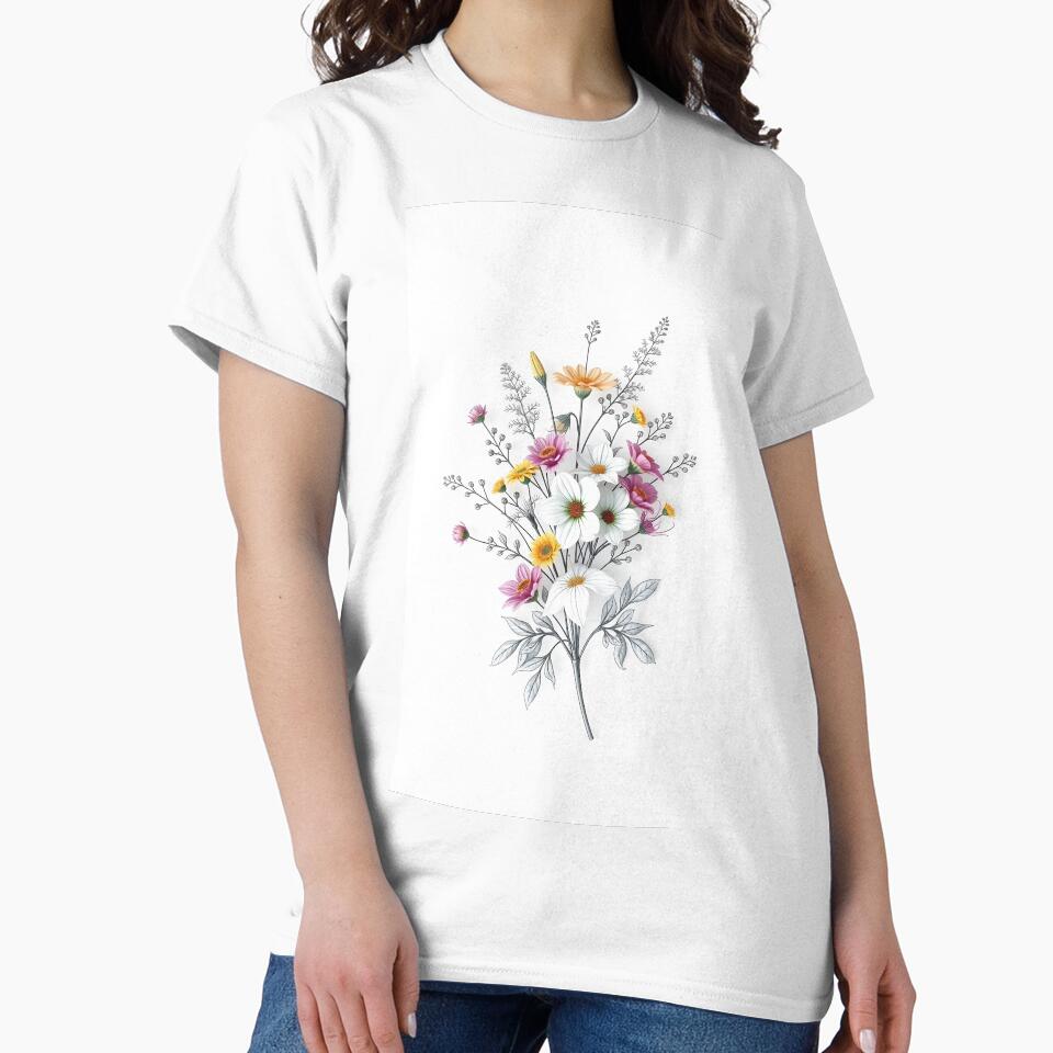Refined Elegant Single-Line Art Bouquet of Wildflowers with Delicate Color Washes on White Background by Jayara [Born To Reign]