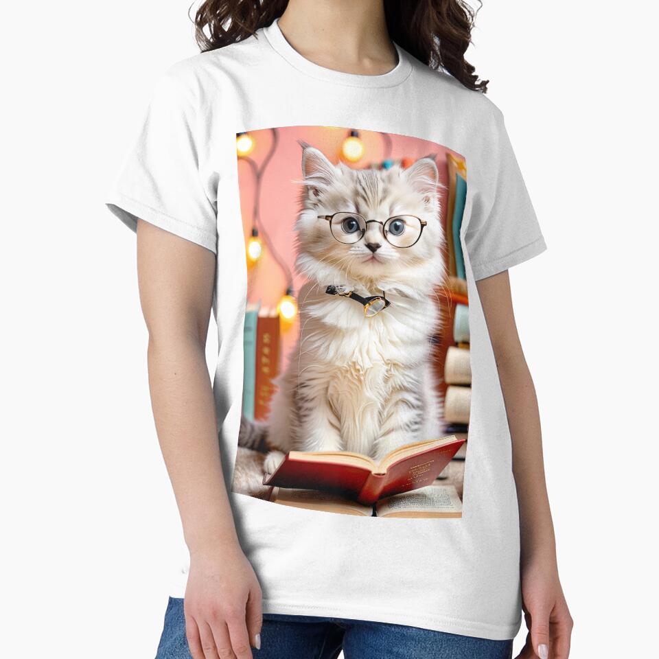 Elegant Fluffy Kitten Studying a Book – Charming Literary Cat Art Print by 4TinyPaws