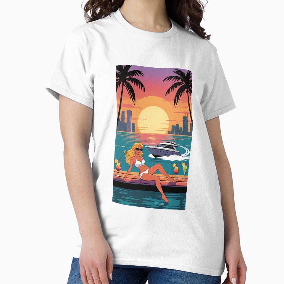 Miami Sunset Yacht Girl Retro Art by Bored Elon
