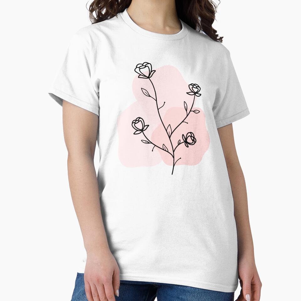 Minimalist Floral Line Art with Soft Pink Abstract Background by PixelPalmPrints