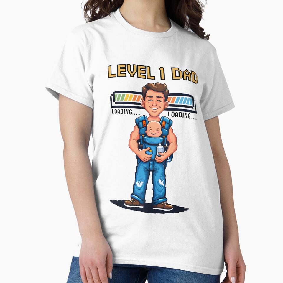 LEVEL 1 DAD Shirt Design | Retro Gaming New Dad Gift | Pixel Art Gamer Design for Father's Day | Funny Dad Design by petpuppymania