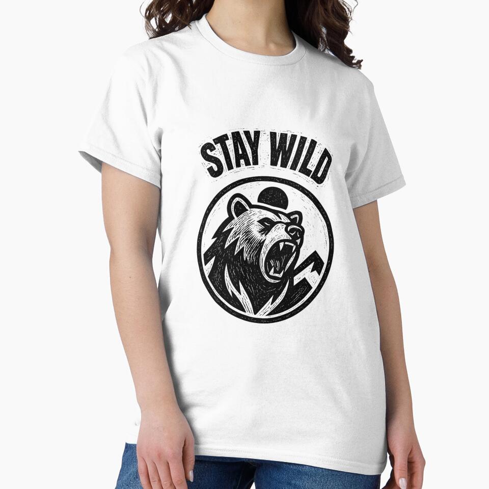 Stay Wild Bear Badge Design – Roaring Bear Mountain Adventure Black and White by VinciLab