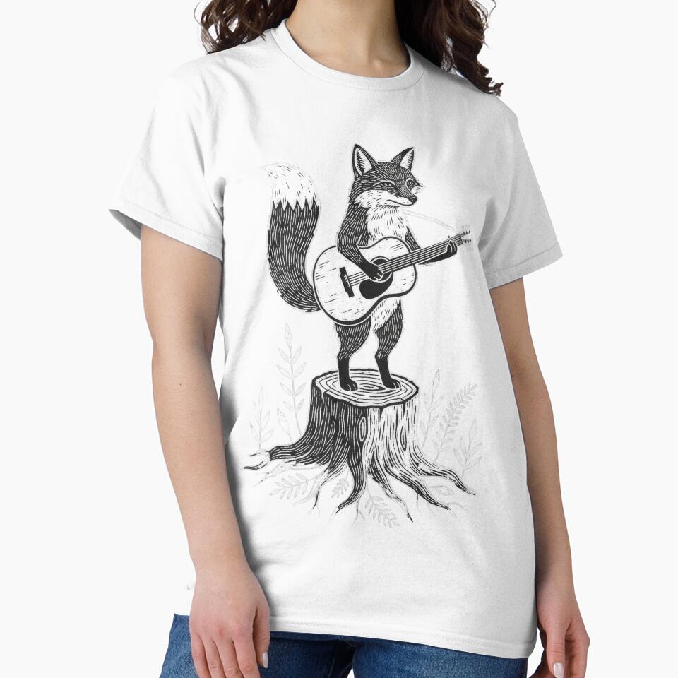 Linocut Fox Playing Acoustic Guitar on Tree Stump by seven things shop