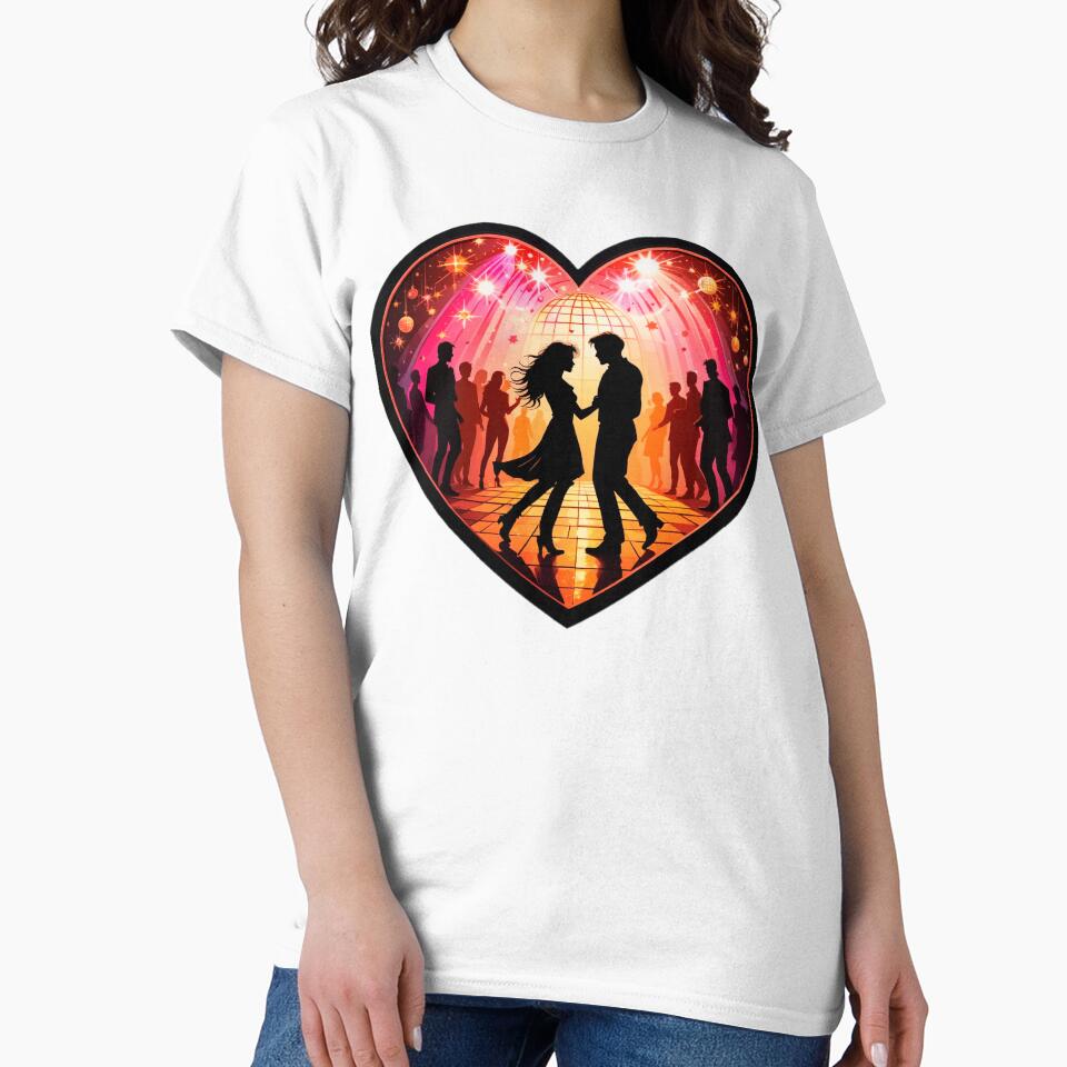 Retro Love - Dancing Couple on Checkered Floor with Disco Ball and Vibrant Heart-Shaped Frame by KreaDesignOne