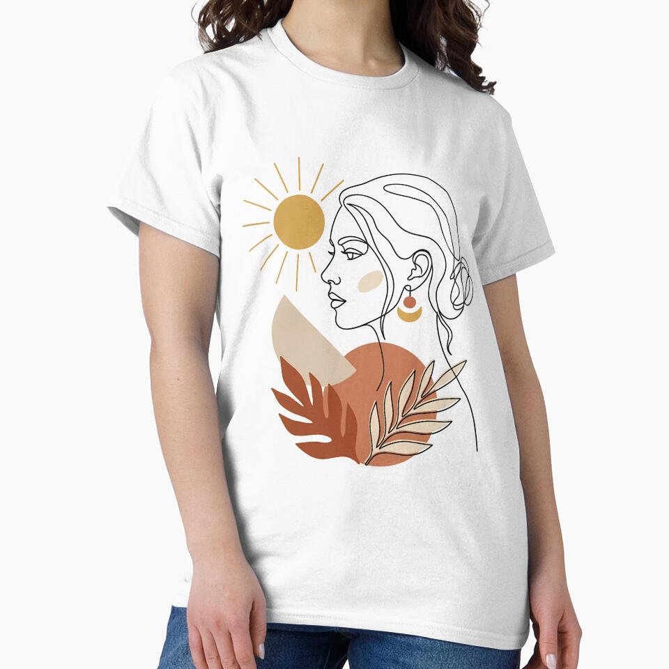 Minimalist Boho Female Line Art with Abstract Terracotta Shapes and Golden Sun by BCW