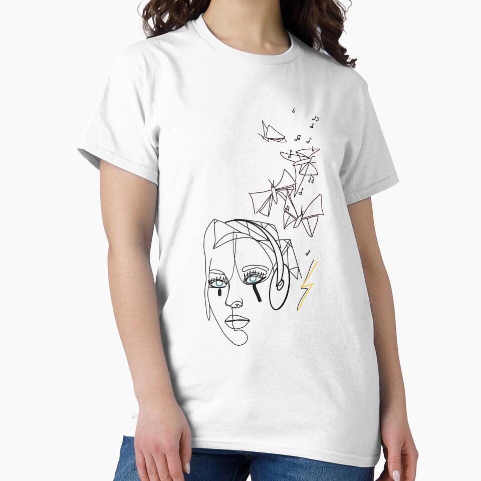 One Line Art Womens Face with Butterflies and Headphones. Continuous Line Drawing. Minimalist Abstract Art. by OneLineArt