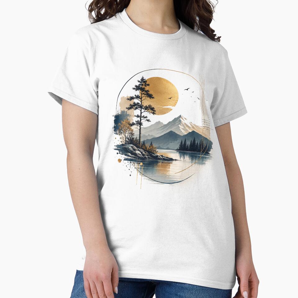 Golden Moon Mountain Lake Geometric Landscape by jcsstore