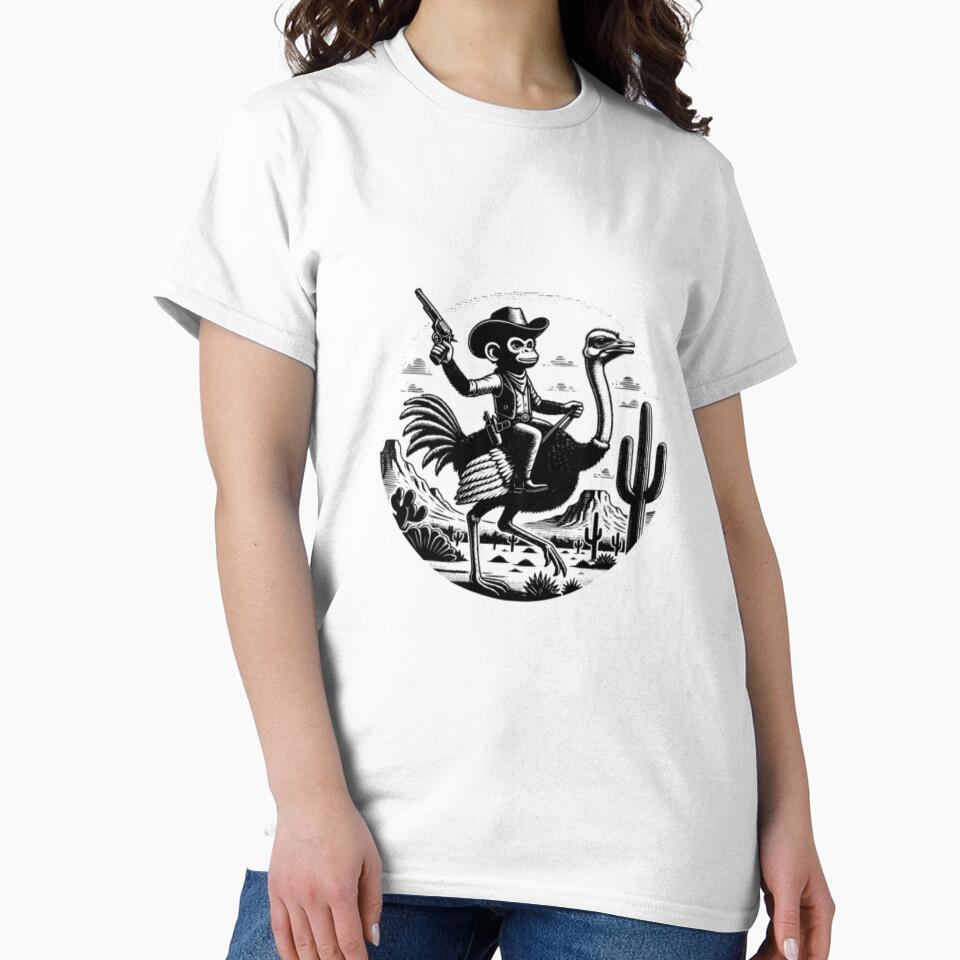 Cowboy Monkey Riding Ostrich — Vintage Western Animal Engraving by Colorful-Garden