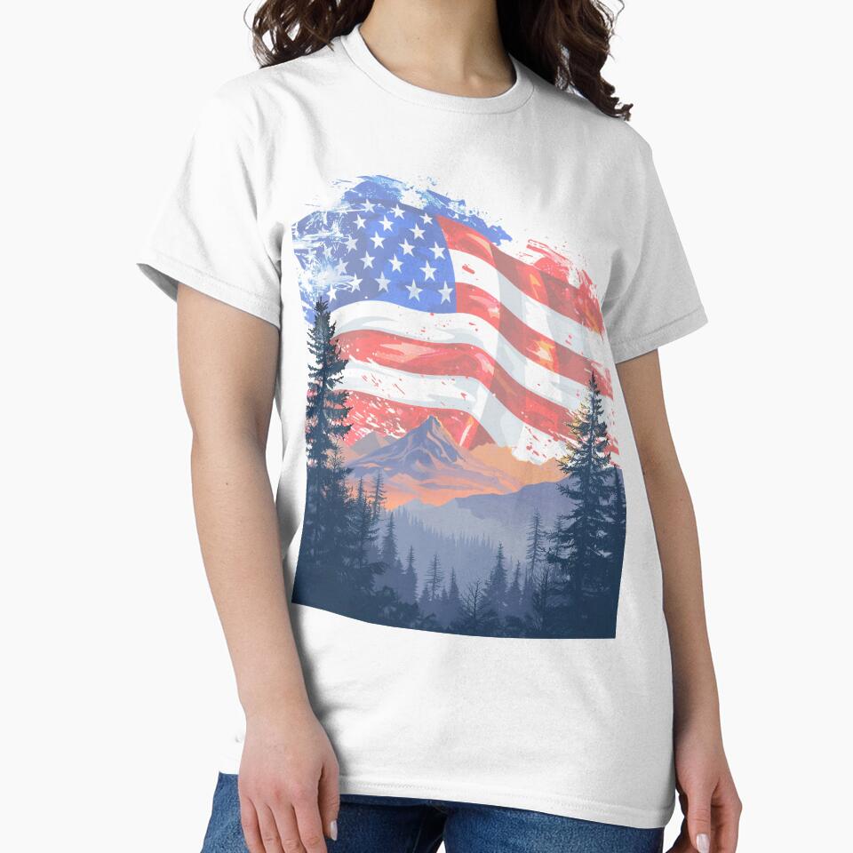 Vintage Mountain Sunrise with American Flag in the Sky by AmericaFreedom