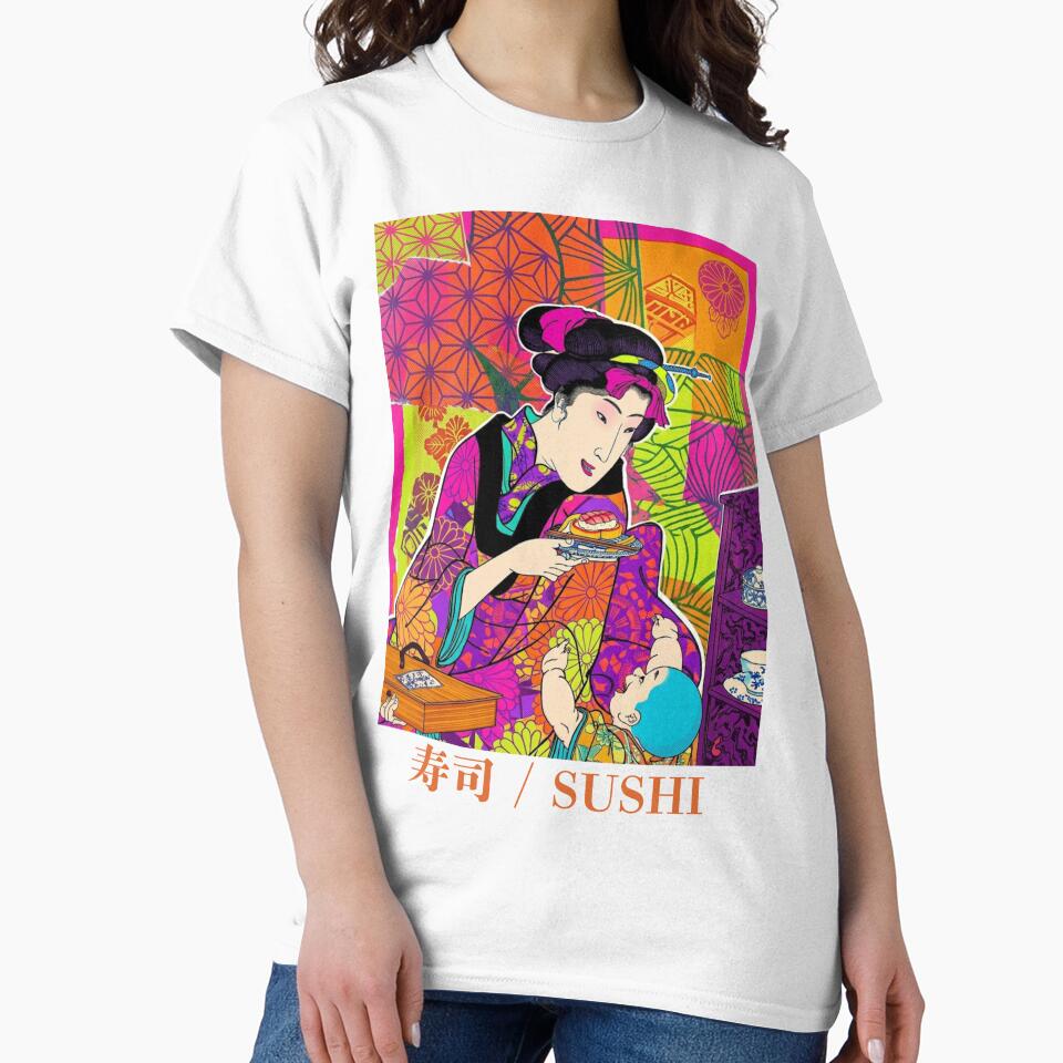 Sushi Ukiyo-e Art Vibrant Pink Pop by Tokyo-Edo Vibes