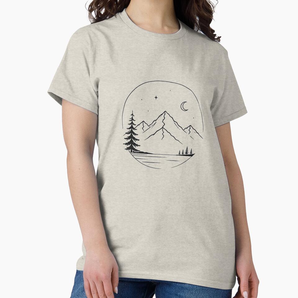 Mountain Moon Night Landscape Line Art | Pine Tree Forest Adventure Design by NBT-NOVA