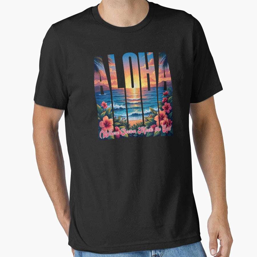 Aloha Design – Tropical Sunset T-Shirt with Ocean, Hibiscus & Island Energy by EpochFusion