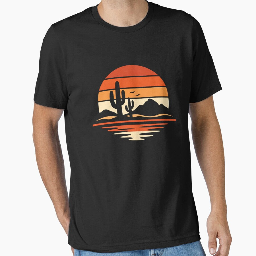 Retro Desert Sunset with Saguaro Cactus and Mountain Silhouette by Owcomm