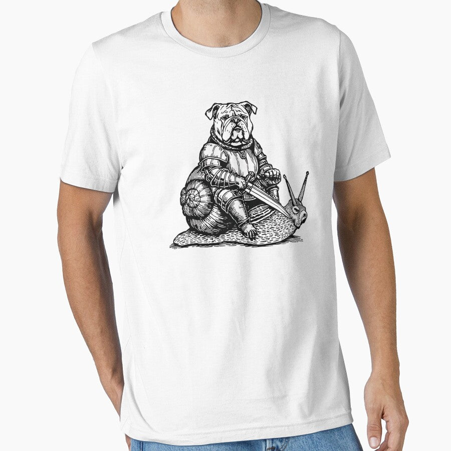 Bulldog Knight Riding Snail Shirt | Funny Medieval Animal Tee | Vintage Fantasy Illustration by Printsouf