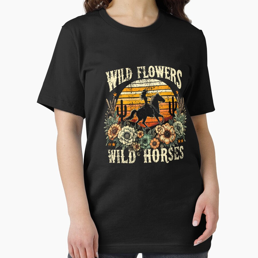 Wild West Cowgirl with Flowers and Sunset Design Retro Style Classic Gifts For Men Women Kids by ArmyAbodo
