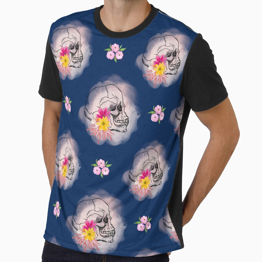 Watercolor Skull and Flowers Seamless Pattern Navy Blue Background by Vívian Creative Studio