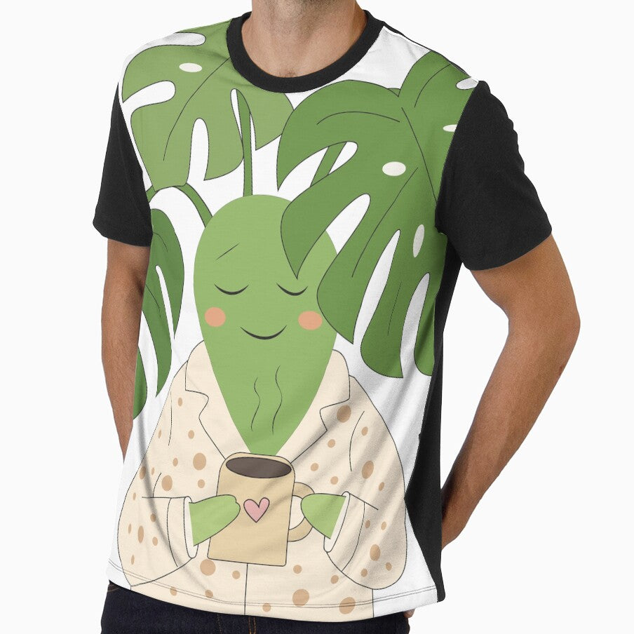 Cute Monstera in Pajamas Drinking Coffee by TatinkaArtskill