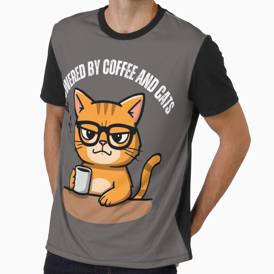 Powered By Coffee And Cats - Funny Orange Cat Shirt by NeuralAuraArts