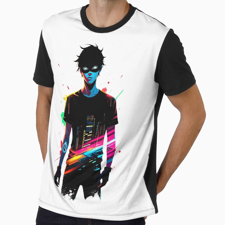 Neon City Phantom: Cyberpunk Masked Figure with Glowing Clock Tattoo & Night Cityscape by Scorpio Art